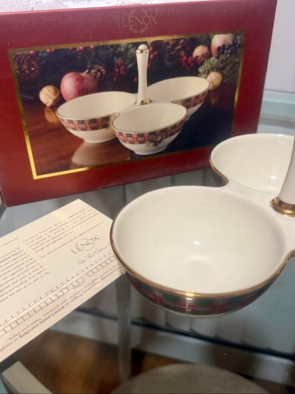 Lenox Holiday Tartan 3-Part Condiment Server w/ Center Handle in Box